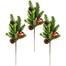 I.GE.A. Winterliche Kunstpflanze I.GE.A. "Kunstzweig, Weihnachtsdeko", bunt (grün, rot), B:16cm H:45cm T:7cm, Kunststoff, Kunstpflanzen, mit echten Zapfen und Beeren, 3er Set, grün, rot, natur