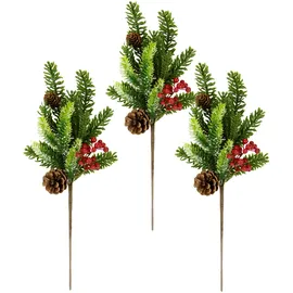 I.GE.A. Winterliche Kunstpflanze I.GE.A. "Kunstzweig, Weihnachtsdeko", bunt (grün, rot), B:16cm H:45cm T:7cm, Kunststoff, Kunstpflanzen, mit echten Zapfen und Beeren, 3er Set, grün, rot, natur