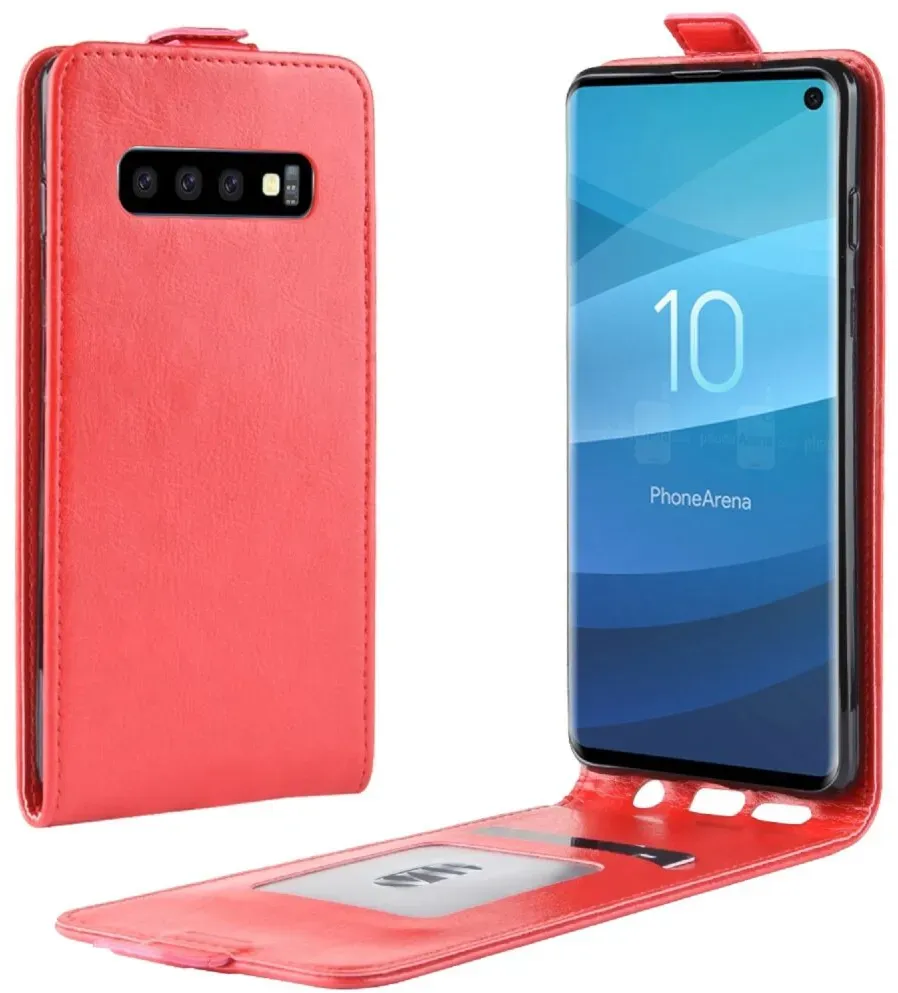 Flip Case Handyhülle für Samsung Galaxy S10 Vertikal Schutzhülle Tasche Cover Rot Bumper Smartphone Kartensteckplatz-Kreditkarte-Geldscheine EC-Karte Bank-Karte