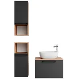 Planetmöbel Astra Badmöbel Set mit Waschtisch 60 cm mit 2X Midischrank Gold Eiche Anthrazit, Aufsatzwaschbecken 42 cm weiß