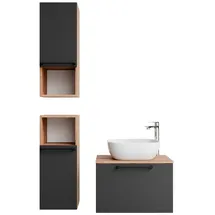 Planetmöbel Astra Badmöbel Set mit Waschtisch 60 cm mit 2X Midischrank Gold Eiche Anthrazit, Aufsatzwaschbecken 42 cm weiß