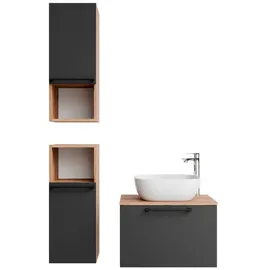 Planetmöbel Astra Badmöbel Set mit Waschtisch 60 cm mit 2X Midischrank Gold Eiche Anthrazit, Aufsatzwaschbecken 42 cm weiß