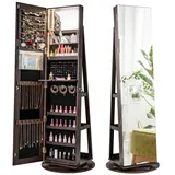 COSTWAY Schmuckschrank mit Ganzkörperspiegel & LED stehend, drehbar, abschließbar braun