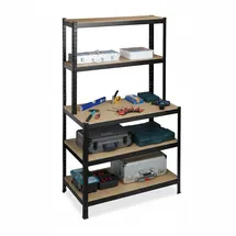Relaxdays Schwerlastregal mit Werkbank, 500 kg, 5 Ebenen, HxBxT: 180 x 100 x 60 cm, MDF & Stahl, Werkstattregal, schwarz