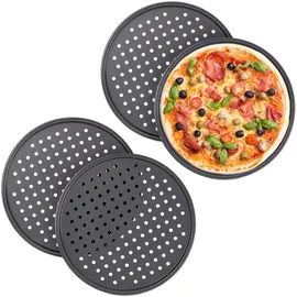Relaxdays Pizzablech, 4er Set, rund, gelocht, antihaft, Pizza & Flammkuchen, aus Stahl, Knusperblech, ∅ 32 cm, anthrazit