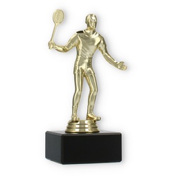 Pokal Kunststofffigur Badmintonspieler gold auf schwarzem Marmorsockel 16,0cm