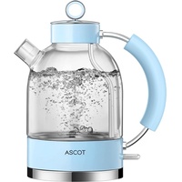 ASCOT Wasserkocher Glas, Elektrischer Wasserkocher Geschenke für Männer/Frauen/Familie 1,5L, Retro Leiser Schnellkochkessel, Trockengehschutz und automatische Abschaltung (Blau)