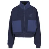 Karl Kani Bomberjacke KARL KANI "Karl Kani OG Crop Teddy Bomber Jacket", Damen, Gr. M, dunkelblau, 100% Polyester, mehrfarbig, oversize, hoch geschlossener Ausschnitt, Jacken Bomberjacke
