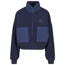 Karl Kani Bomberjacke KARL KANI "Karl Kani OG Crop Teddy Bomber Jacket", Damen, Gr. M, dunkelblau, 100% Polyester, mehrfarbig, oversize, hoch geschlossener Ausschnitt, Jacken Bomberjacke
