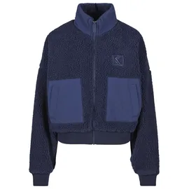 Karl Kani Bomberjacke KARL KANI "Karl Kani OG Crop Teddy Bomber Jacket", Damen, Gr. M, dunkelblau, 100% Polyester, mehrfarbig, oversize, hoch geschlossener Ausschnitt, Jacken Bomberjacke
