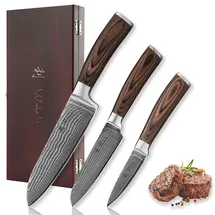 Wakoli Edib 3er Damastmesserset I Holzbox I 8 - 17cm Klinge I Pakkaholzgriff