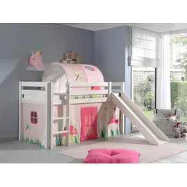 Vipack Hochbett Pino mit Rutsche 90 x 200 cm inkl. Rollrost, Vorhang und Tunnel Kiefer massiv weiß spring