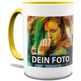 Tasse selbst individuell gestalten/Personalisierbar mit eigenem Foto bedrucken/Fototasse/Motivtasse/Werbetasse/Firmentasse mit Logo/Hohe Tasse - Innen & Henkel Gelb