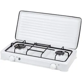 MPM SML-KN-02/1K Tragbarer Camping-Gaskocher, 2 Brenner, emaillierter Rost, Schutzabdeckung, G30-37 mbar Standard, Weiß