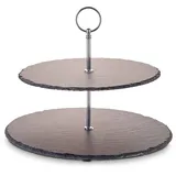 Echtwerk EW-ET-1778 Etagere-/ Servier-Ablage für Gebäck, Obst, Käse und Dessert aus Naturschiefer mit 2 Ebenen und Metallgriff, Silber-Edition, Ø Schieferplatten ca. 25/30 cm, Steingut