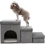Famanu Hundetreppe 3 Stufen mit Stauraum - 60 cm - Grau Blau