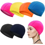 SAIIURV 6 Stücke Unisex Badehaube, Lycra-Textilkappe, Klassische Stoff-Badekappe, Weiche Badehaube, Bademütze, Ohrenschutz Schwimmhaube, Flexible Kappe Badehut für Mädchen Herren Kinder (Mehrfarbig)