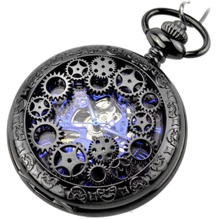 JewelryWe Retro Zahnrad Ritzel Hohe Openwork Handaufzug Mechanische Taschenuhr Skelett Uhr Pullover Halskette Kette Schwarz