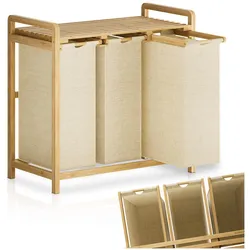 Juskys Bambus Wäschekorb Kory 3er - 40 L Fächer herausnehmbar, mit Ablage, Sortiersystem - Beige