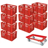 BRB-Lagertechnik BRB 10 Euroboxen, LxBxH 600x400x320 mm, lebensmittelecht, rot + Transportroller