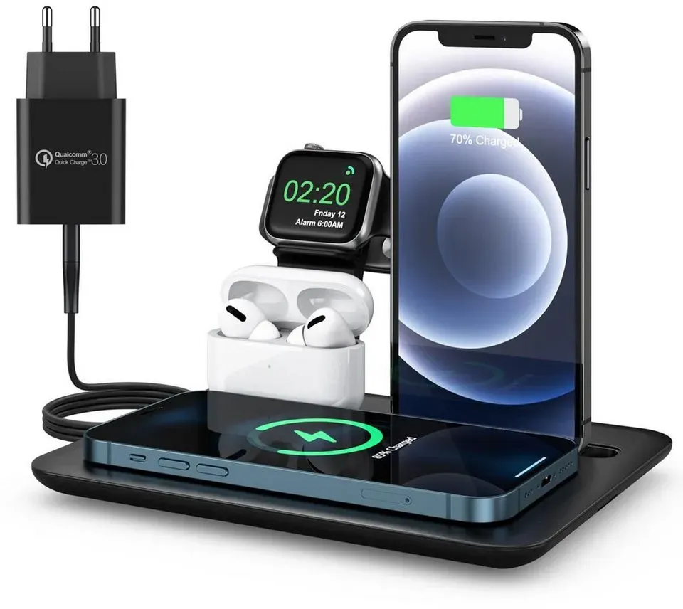 Wisam Smartphone-Dockingstation Wisam® 4 in 1 Multifunktion 15W QI Ladestation für Airpods Apple Watch, Steckverbindung schwarz