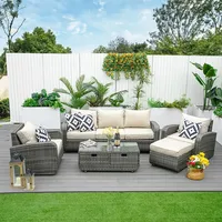 Abrihome Polyrattan Lounge Gartenmöbel Set - Sofa, Tisch, Hocker & Kissen - Grau - Grau