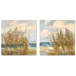 2-teiliges Wandbild-Set – Blau-Gold, mediterranes Strandmotiv, 80 x 80 cm