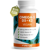 Omega-3 vegan + D3 & K2 (120x), 1100mg Algenöl mit 600mg DHA & 300mg EPA + 1000 IE Vitamin D3 + 40 μg Vitamin K2 - O3 D3 K2 vegan Essentials - Omega-3 Kapseln hochdosiert, bioverfügbar & laborgeprüft