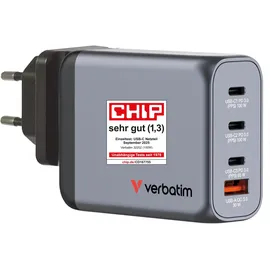 Verbatim GaN 100W, 1x USB-A, 3x USB-C PD, 3.0, QC 3.0 grau