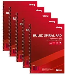 Viking Collegeblock DIN A5 Liniert Spiralbindung Seitlich gebunden Papier Softcover Rot Perforiert 100 Seiten 5 Stück