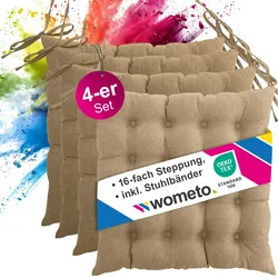 wometo 4er Set Sitzkissen Stuhlkissen 40x40 OEKO-TEX  - beige Sitzauflage Bank Polster Sitzpolster mit Bändern / Schleife, Indoor / Outdoor