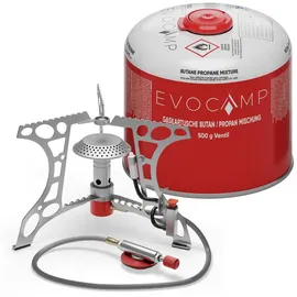 evocamp kompakter Campingkocher 3.2 kW mit Piezo-Zünder, Camping Stove, Mini-Gaskocher + 1 Gaskartusche 500 g)