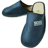 MARKA WYROBY WEŁNIANE - Pantoffeln Herren - Hausschuhe Männer - aus Leder, mit Ledereinlegesohle - Geschlossen, Boss-Aufschrift - Hausschlappen, Latschen - Dunkelblau, Glatt - Größe 47-30,5cm - 47 EU