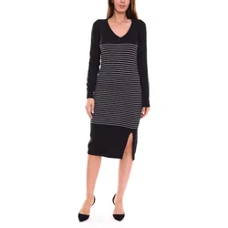 AjC Damen Pullover-Kleid gestreift Midi-Kleid Strick-Kleid 52490724 Schwarz - 36