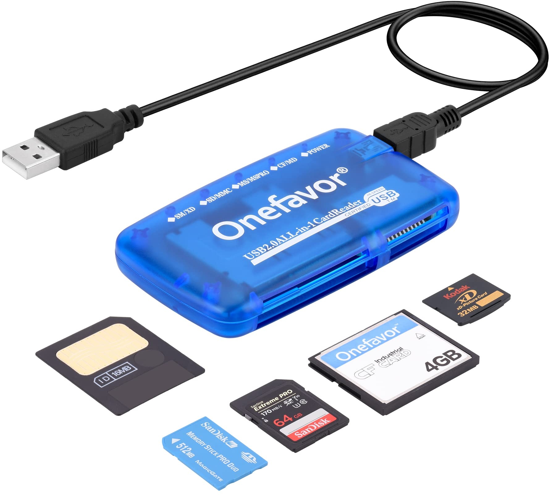 Onefavor SmartMedia Kartenleser Writer, All-in-1 USB Universal Multi Karten Adapter Slim Hub Lesen Smart Media SD, XD, CF, MMC, MS Pro Duo, Kamera Flash Speicherkartenleser für Windows, Mac, Linux