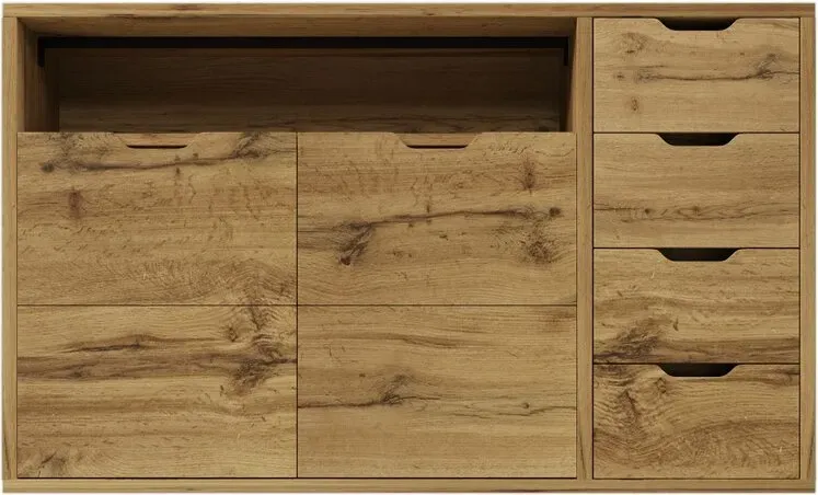 Kommode Sideboard 150x40x90 cm in Eicheoptik mit offenem Fach, 2 Türen, 4 Schubladen, höhenverstellbaren Einlegeböden, Softclose‐Metallscharniere und Kippsicherung, Aufbewahrung für Wohnraum & Flur