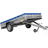 Einachsanhänger 264x150 UNITRAILER GARDEN 265 KIPP mit einem Flachplanenträger und blauer Plane