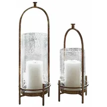 Loberon Windlicht 2er Set Aquivar, Zwei Größen, Gehämmerte Oberfläche, Dekoration, Wohn-Accessoires, Kerzenhalter, Eisen, Glas, antikbronze/klar