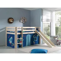 Spielbett Hochbett Kinderbett 90x200 Vorhang Astronaut Holzbett blau Rutsche