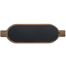 hausleben Servierbrett Holz mit Schieferplatte 50x15cm – Käseplatte, Tapas Brett, Schneidebrett, Antipasti Platte – Akazienholz & Schiefer – Schneidebrett rustikal, Frühstücksbrett, Servierplatte