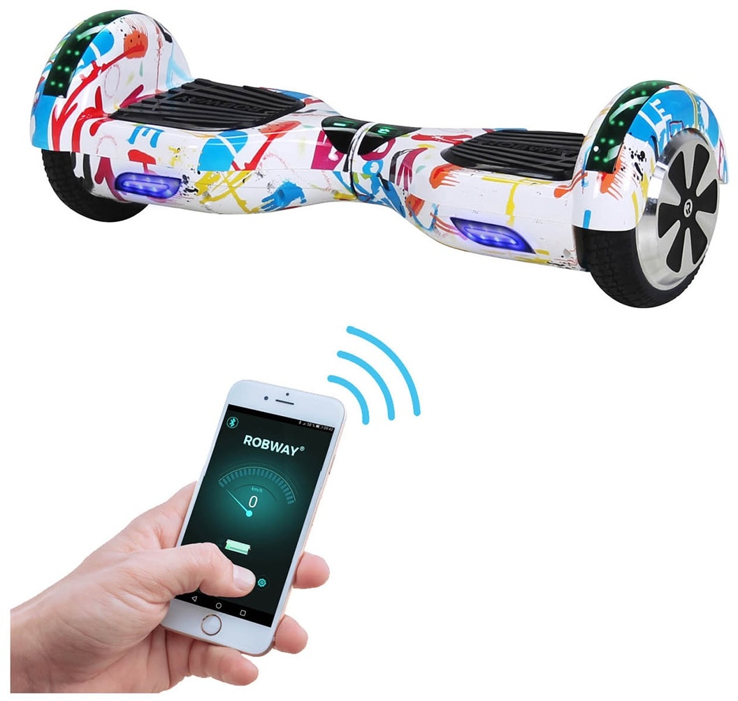 ROBWAY W1 Hoverboard für Erwachsene und Kinder, 6,5 Zoll, Self-Balance, Bluetooth, App, 700 Watt, LEDs (Weiß Bunt)