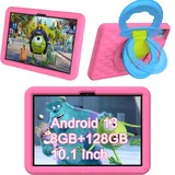 HEMUYT Android 13 Tablet für Kinder 10,1 Zoll, 8 GB RAM + 128 GB ROM, WiFi, Akku 6000 mAh, stoßfeste EVA-Schutzhülle, Kindersicherung, Dual-Kamera (Rosa)