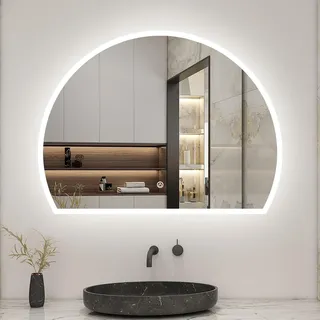 Biubiubath LED Badspiegel 80x60cm Halbrund Badspiegel mit Beleuchtung Anti-Beschlag Wand/Touchschalter 3 Lichfarbe Dimmbar Kalt/Neutral/Warmweiß Badezimmerspiegel Lichtspiegel IP44