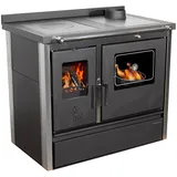 Hosseven Kaminofen mit Backfach und Herdplatte Dauerbrand Edelstahl Holzofen, 11 kW, Dauerbrand, Dauerbrandbetrieb, (4050 Lotus Inox Schwarz), Holz Ofen Mehrfachbelegung Kamin Heizofen Küchenherd