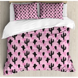 Bettwäsche Milbensicher Allergiker geeignet mit Kissenbezügen, Abakuhaus, Microfaser, Kaktus Cartoon-Stil Mexikanische Flora rosa|schwarz