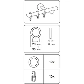 GARDINIA Gardinenringe für Vitragestangen/Caféhausstange, Inklusive Faltenlegehaken, 10 Stück, Ring-Breite 6 mm, Kunststoff, Weiß