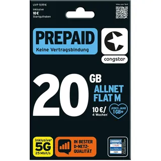 congstar Prepaid ALLNET M SIM-Karte ohne Vertrag I Prepaid-Paket in D-Netz-Qualität I 20 GB +10€ Startguthaben I Telefonie & SMS Flat in alle dt. Netze I EU-Roaming inkl.