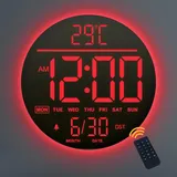 Mee 2ou 10" Digitale Wanduhr mit Nachtlicht, Alarm, Fernbedienung, 11 RGB-Farben, Auto Helligkeit, Temperaturanzeige, Datum & Wochentag, Moderne elektrische LED Wanduhr für Schlafzimmer und Wohnzimmer
