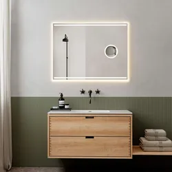 Badspiegel LOEVSCHALL "Focus, Spiegel mit Beleuchtung, Integrierter Schminkspiegel", weiß, B:100cm H:75cm T:2,5cm, Spiegel, LED licht, Dänisches Design, Lichtspiegel, x5 Vergrößerung