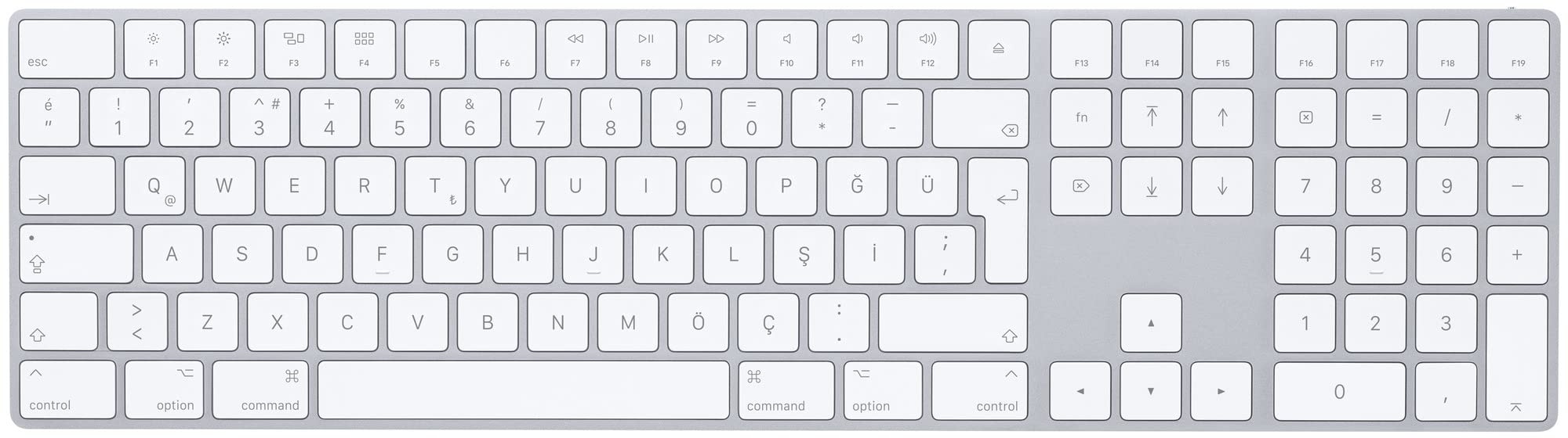 Apple Magic Keyboard mit Ziffernblock: Bluetooth, wiederaufladbar. Kompatibel mit Mac, iPad oder iPhone; Türkisch-F, Silber